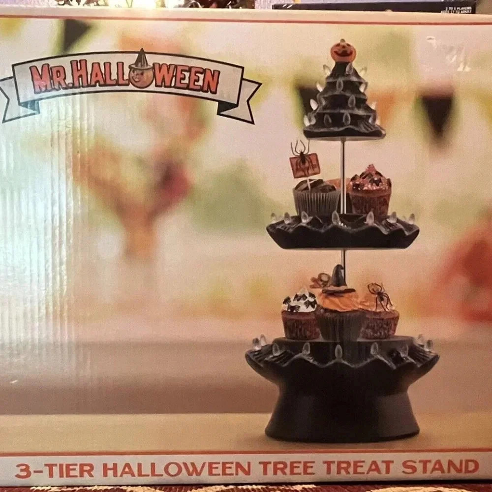 NEW MR HALLOWEEN 20” 3 TIER Black Ceramic Tree Cupcake Cake Stand Party Decor